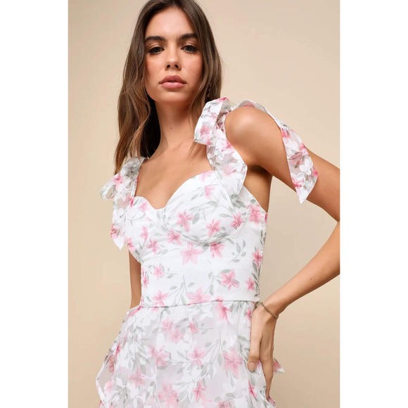 Lulus Endlessly Gorgeous White Floral Burnout Tie-Strap Midi Dress Size Small - Picture 4 of 4